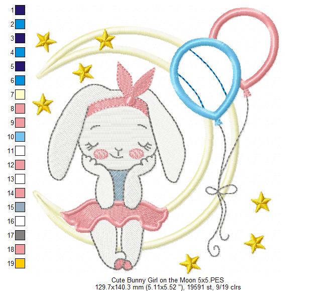 Cute Bunny Girl on the Moon - Applique