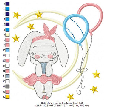 Cute Bunny Girl on the Moon - Applique