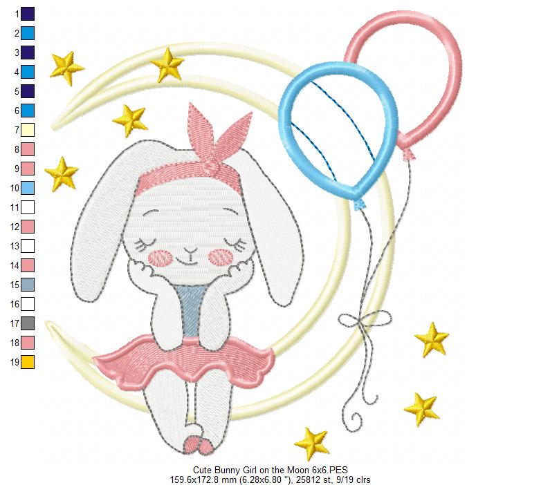 Cute Bunny Girl on the Moon - Applique