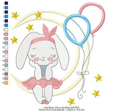 Cute Bunny Girl on the Moon - Applique