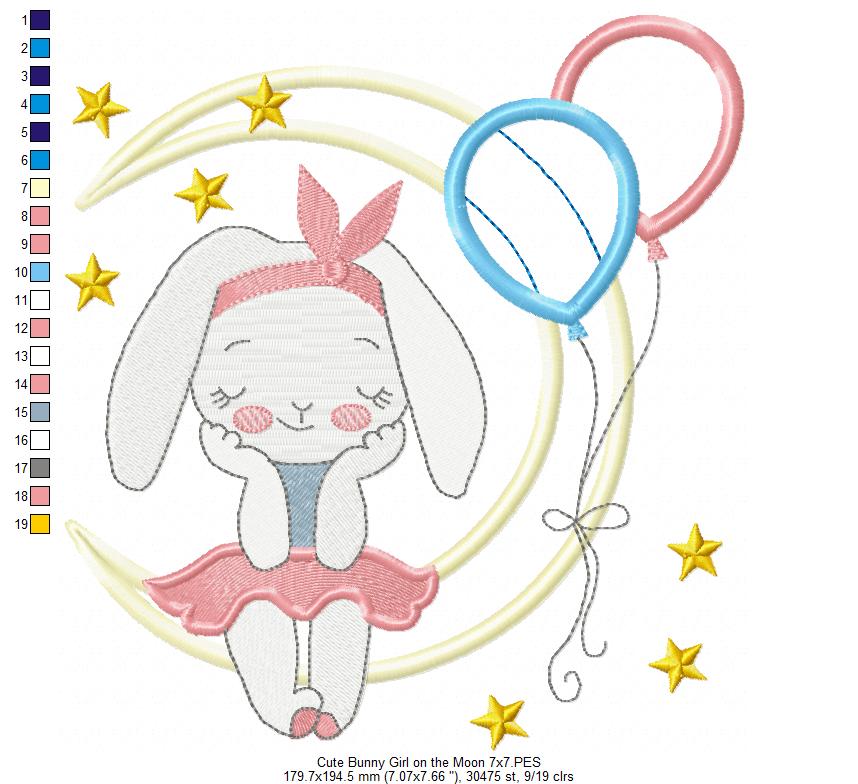 Cute Bunny Girl on the Moon - Applique