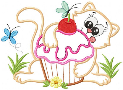 Cute Cat and Cupcake - Applique Embroidery