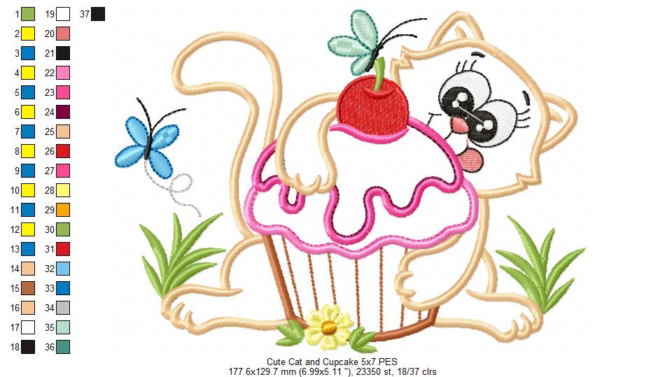 Cute Cat and Cupcake - Applique Embroidery