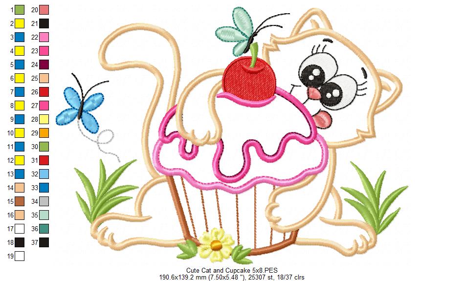 Cute Cat and Cupcake - Applique Embroidery