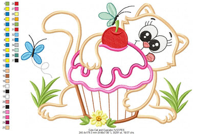 Cute Cat and Cupcake - Applique Embroidery