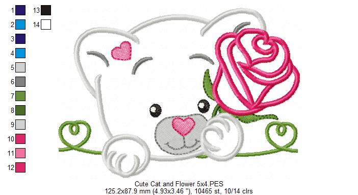 Cute Cat and Flower - Applique