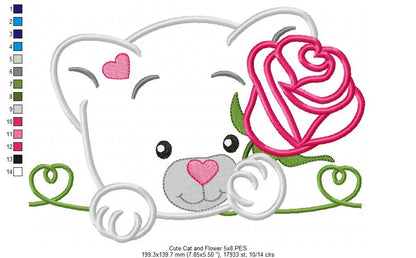 Cute Cat and Flower - Applique