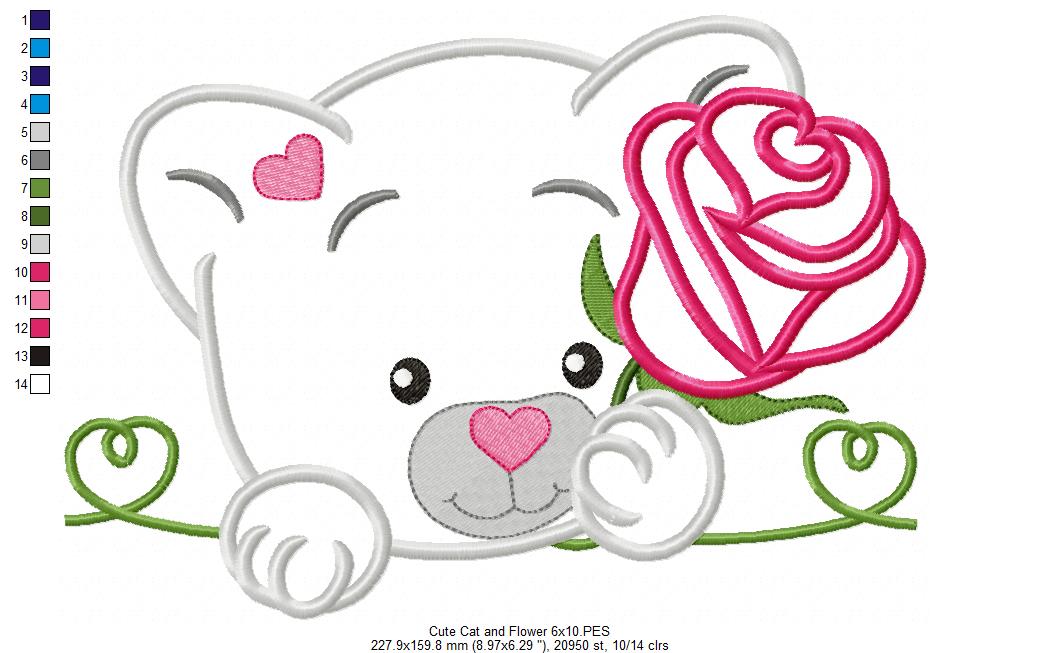 Cute Cat and Flower - Applique