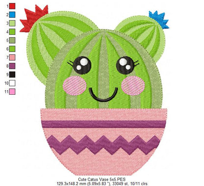 Cute Cactus Vase - Fill Stitch - Machine Embroidery Design