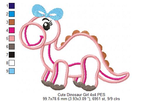 Cute Dinosaur Girl - Applique - Machine Embroidery Design