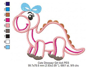 Cute Dinosaur Girl - Applique - Machine Embroidery Design