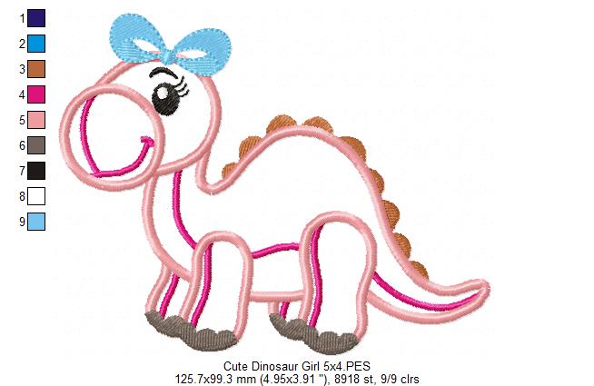Cute Dinosaur Girl - Applique - Machine Embroidery Design
