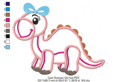 Cute Dinosaur Girl - Applique - Machine Embroidery Design