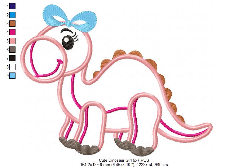 Cute Dinosaur Girl - Applique - Machine Embroidery Design