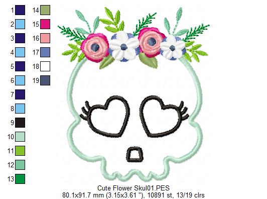 Cute Flower Skull  - Applique