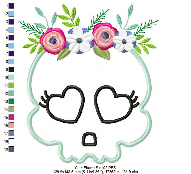 Cute Flower Skull  - Applique