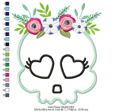 Cute Flower Skull  - Applique