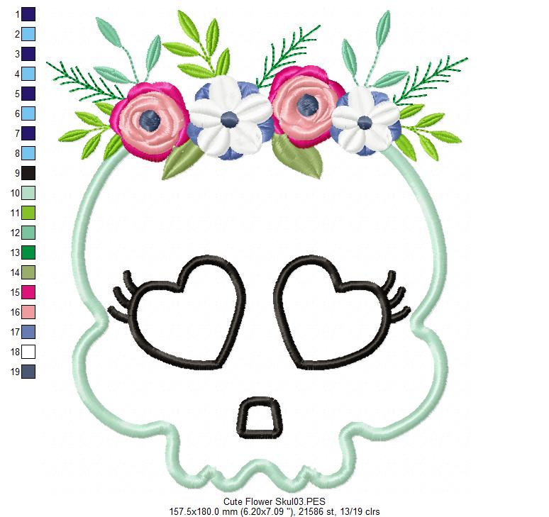 Cute Flower Skull  - Applique
