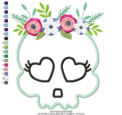 Cute Flower Skull  - Applique