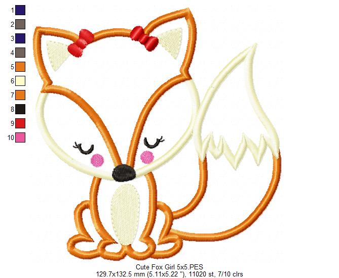 Cute Fox Girl - Applique - Machine Embroidery Design