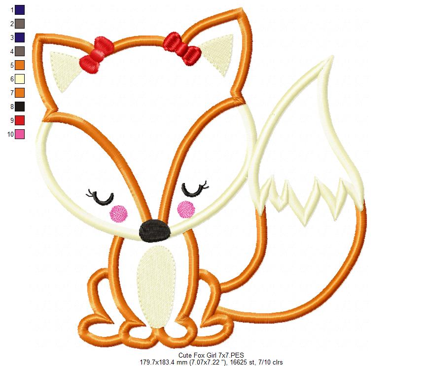Cute Fox Girl - Applique - Machine Embroidery Design