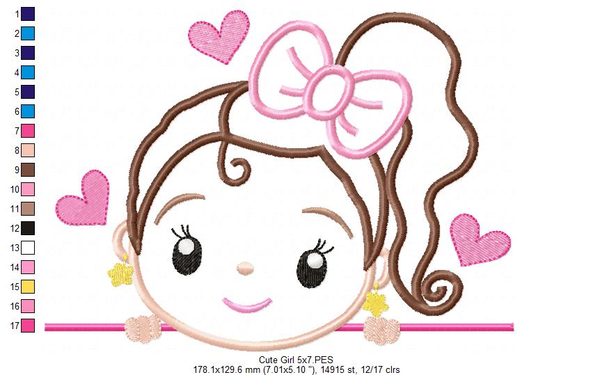 Cute Girl with Bow - Applique - Machine Embroidery Design