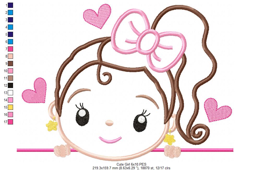 Cute Girl with Bow - Applique - Machine Embroidery Design