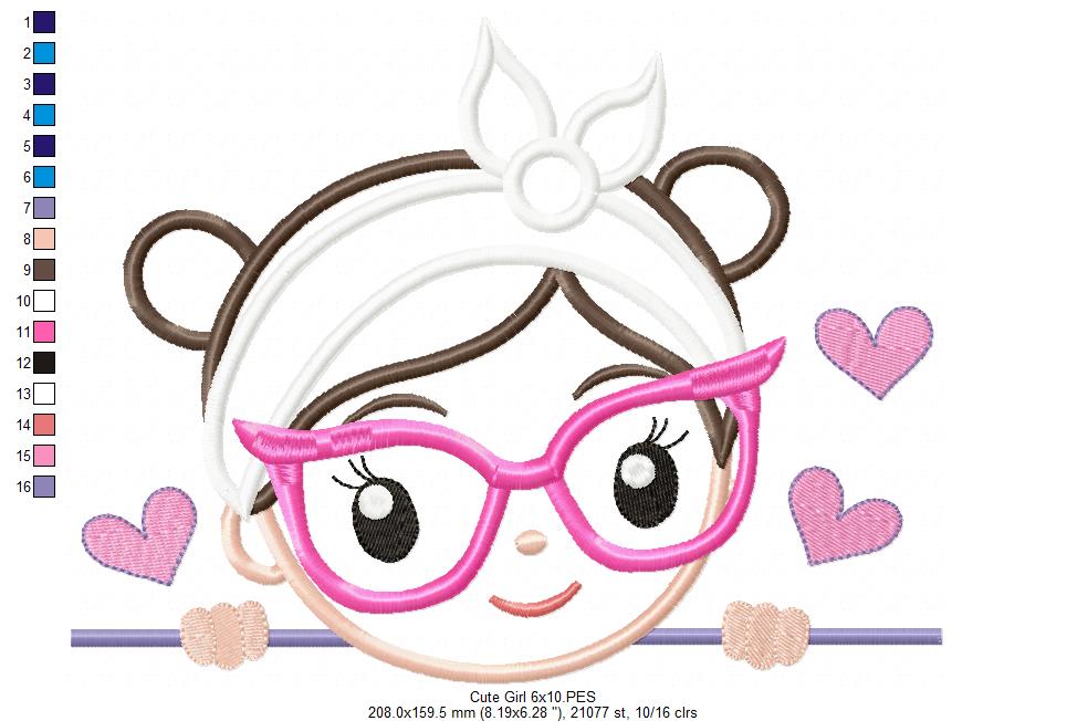 Cute Girl Glasses and Bandana - Applique - Machine Embroidery Design