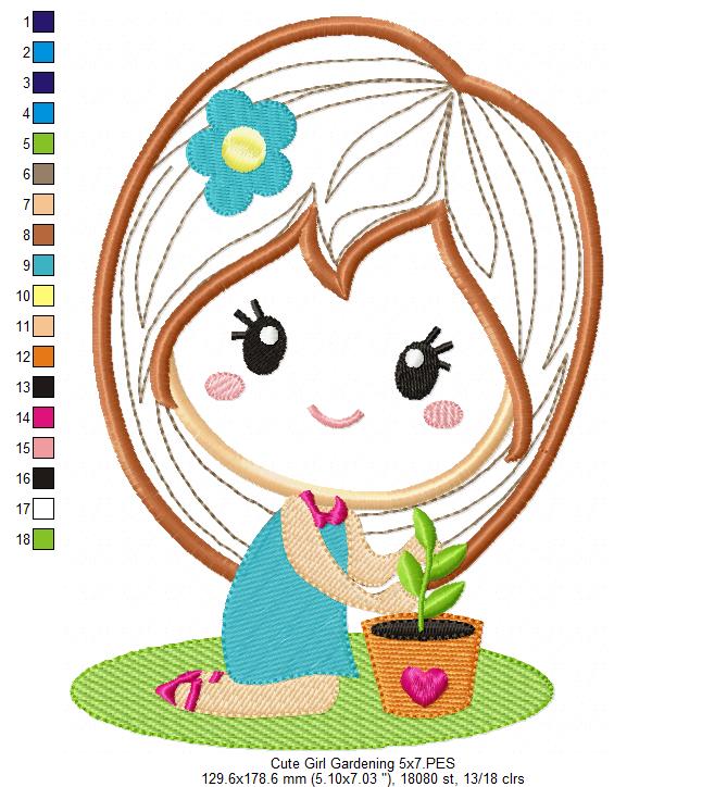 Cute Girl Gardening - Applique