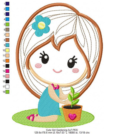 Cute Girl Gardening - Applique