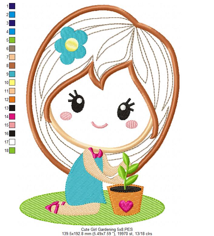 Cute Girl Gardening - Applique