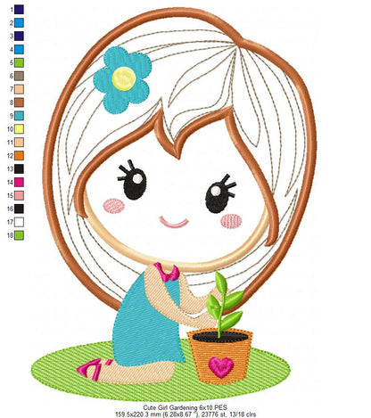 Cute Girl Gardening - Applique