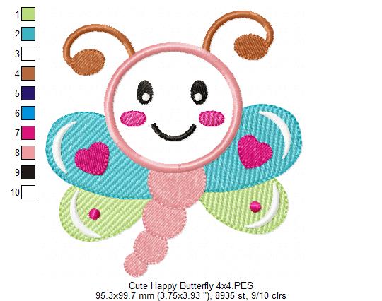 Cute Happy Butterfly - Applique - Machine Embroidery Design