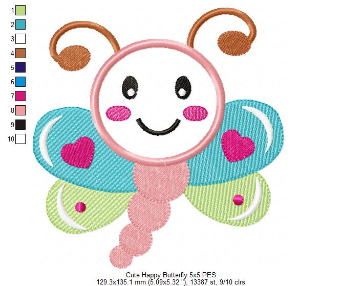 Cute Happy Butterfly - Applique - Machine Embroidery Design