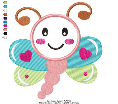 Cute Happy Butterfly - Applique - Machine Embroidery Design