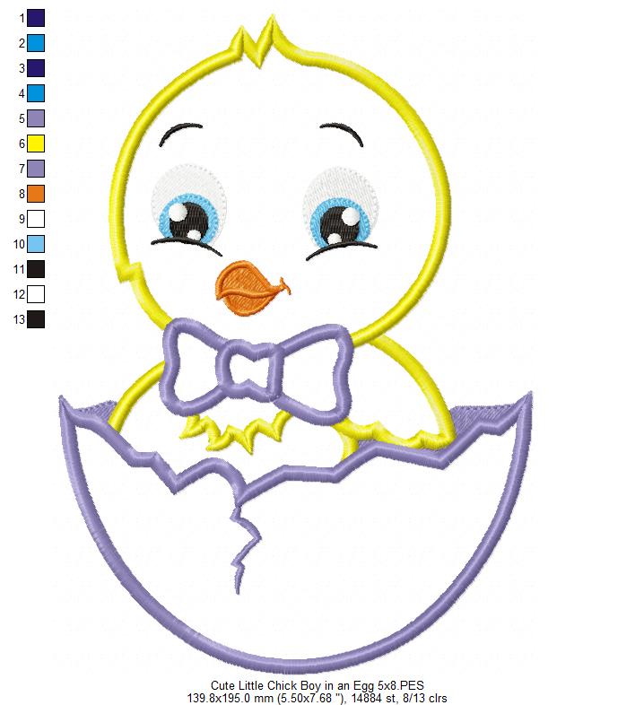 Cute Little Chick Boy in an Egg - Applique - Machine Embroidery Design
