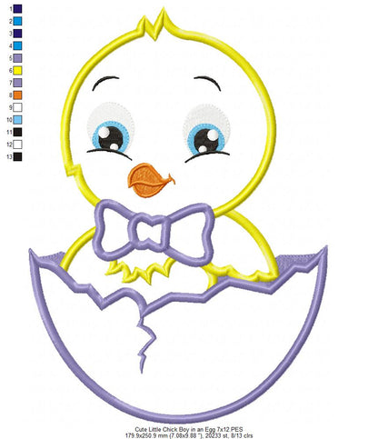 Cute Little Chick Boy in Egg – Appliqué – Machine Embroidery Design