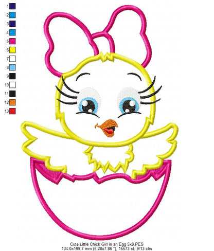 Cute Chick Girl in Egg – Appliqué – Machine Embroidery Design