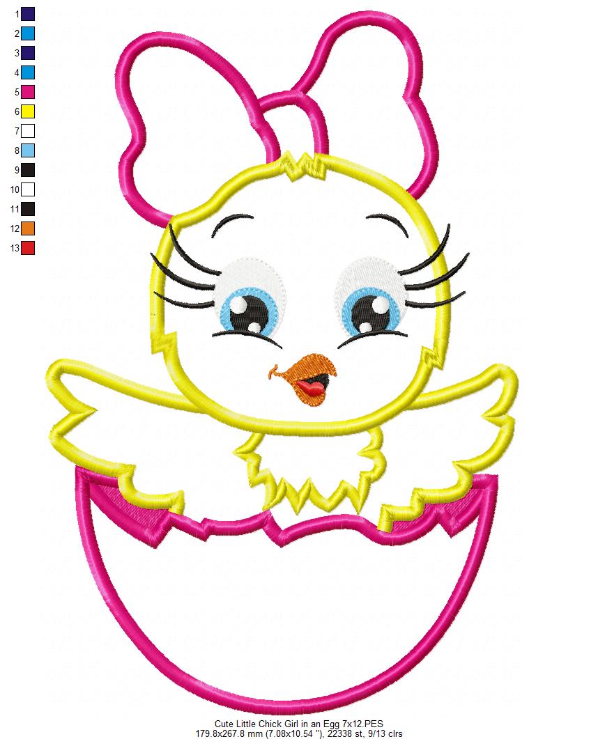Cute Chick Girl in Egg – Appliqué – Machine Embroidery Design