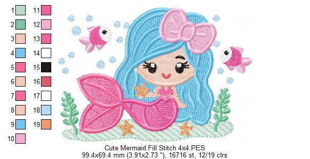 Cute Mermaid with Bow - Fill Stitch & Applique - Set of 2 designs