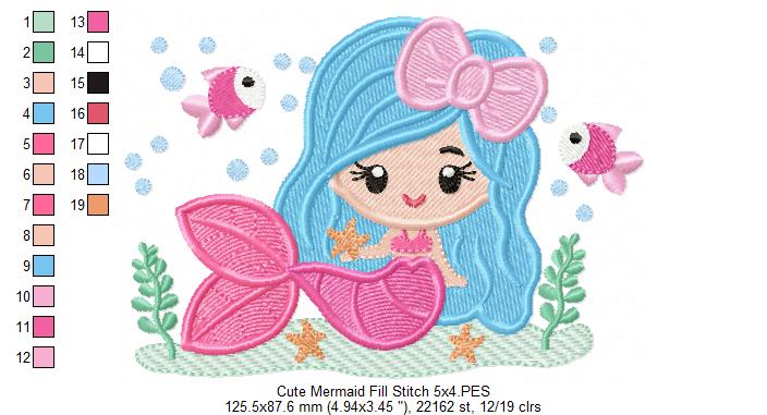Cute Mermaid with Bow - Fill Stitch & Applique - Set of 2 designs