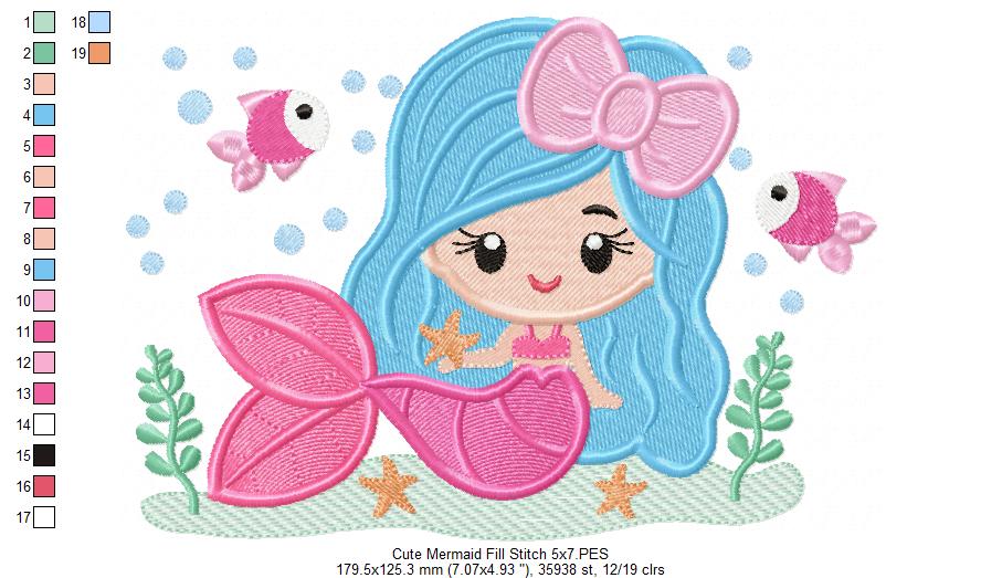 Cute Mermaid with Bow - Fill Stitch & Applique - Set of 2 designs