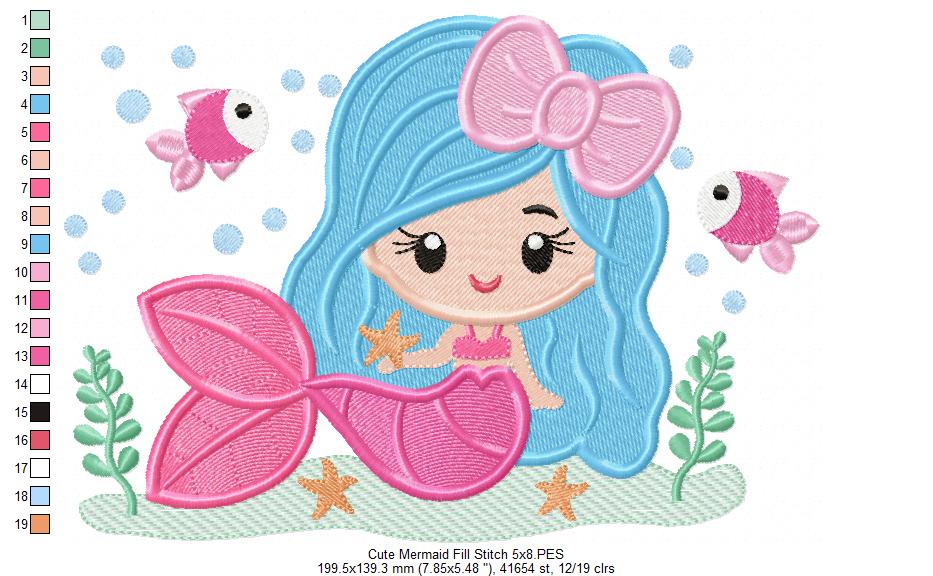 Cute Mermaid with Bow - Fill Stitch & Applique - Set of 2 designs