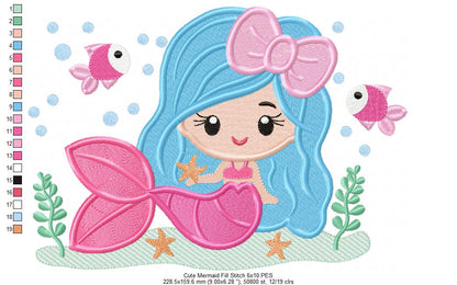 Cute Mermaid with Bow - Fill Stitch & Applique - Set of 2 designs