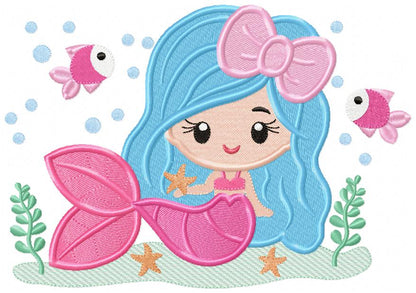 Cute Mermaid with Bow - Fill Stitch & Applique - Set of 2 designs