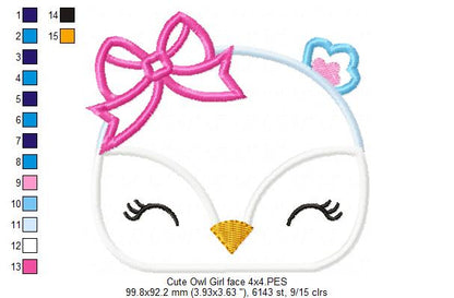 Cute Owl Girl Face - Applique