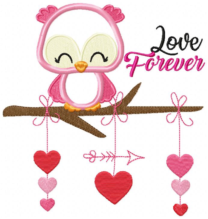 Cute Owl Love Forever - Applique - Machine Embroidery Design
