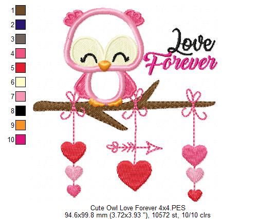 Cute Owl Love Forever - Applique - Machine Embroidery Design