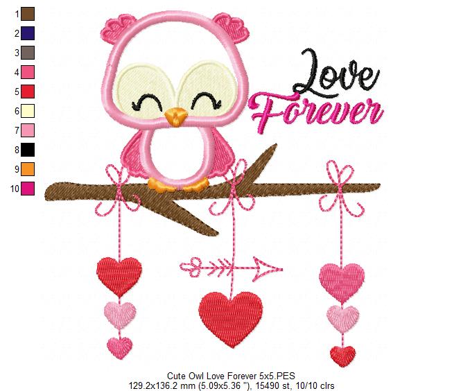 Cute Owl Love Forever - Applique - Machine Embroidery Design
