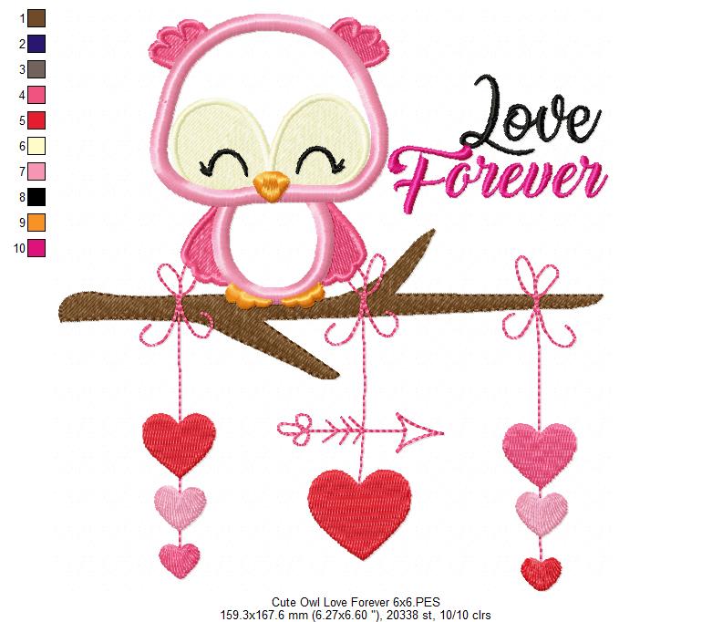 Cute Owl Love Forever - Applique - Machine Embroidery Design